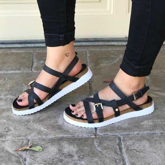 Urban Outfitters Shoes - Black Cork Thick Flatform Strappy Sandals